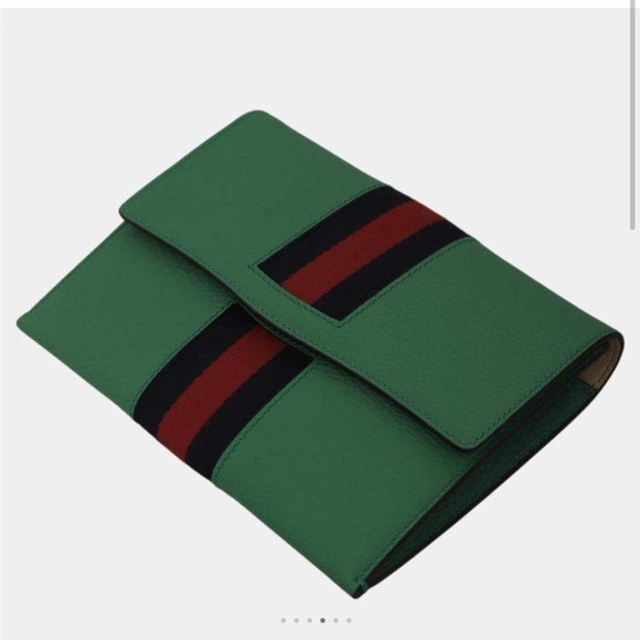 Gucci Green Leather Web Clutch - Picture 4 of 6